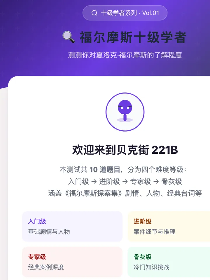 福尔摩斯十级学者问答开场页：十道题分为入门、进阶、专家、骨灰四个难度等级。
