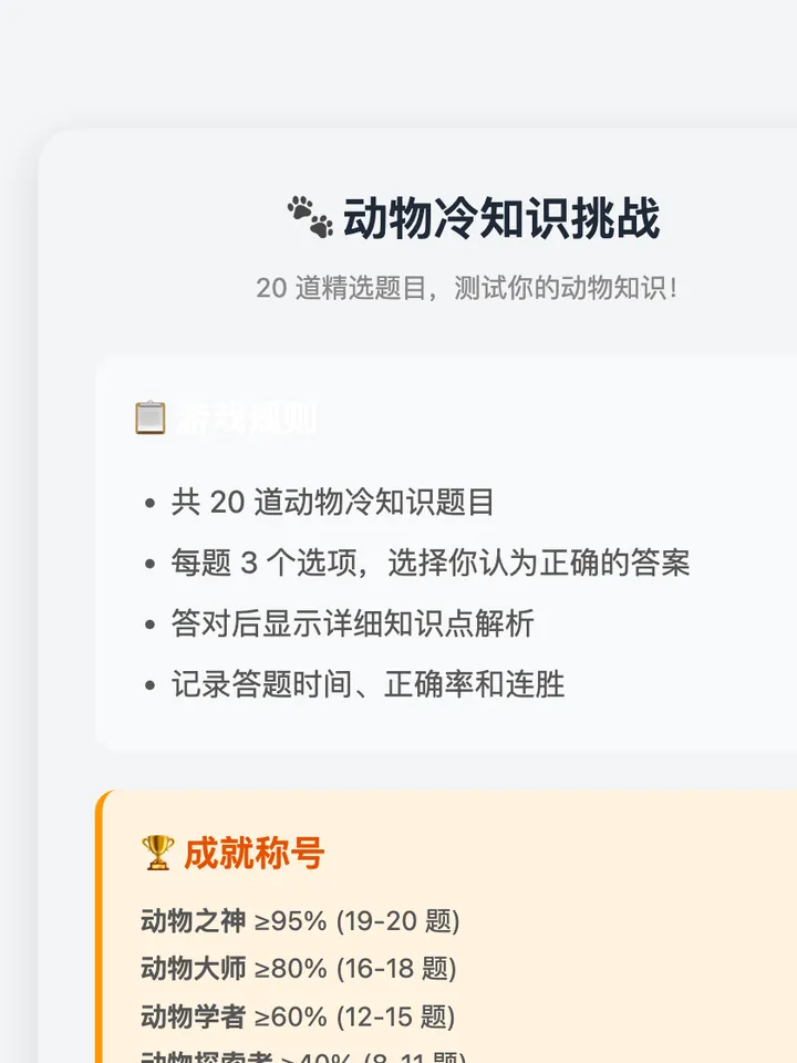 动物冷知识挑战开场页：二十道题的游戏规则与成就称号说明。